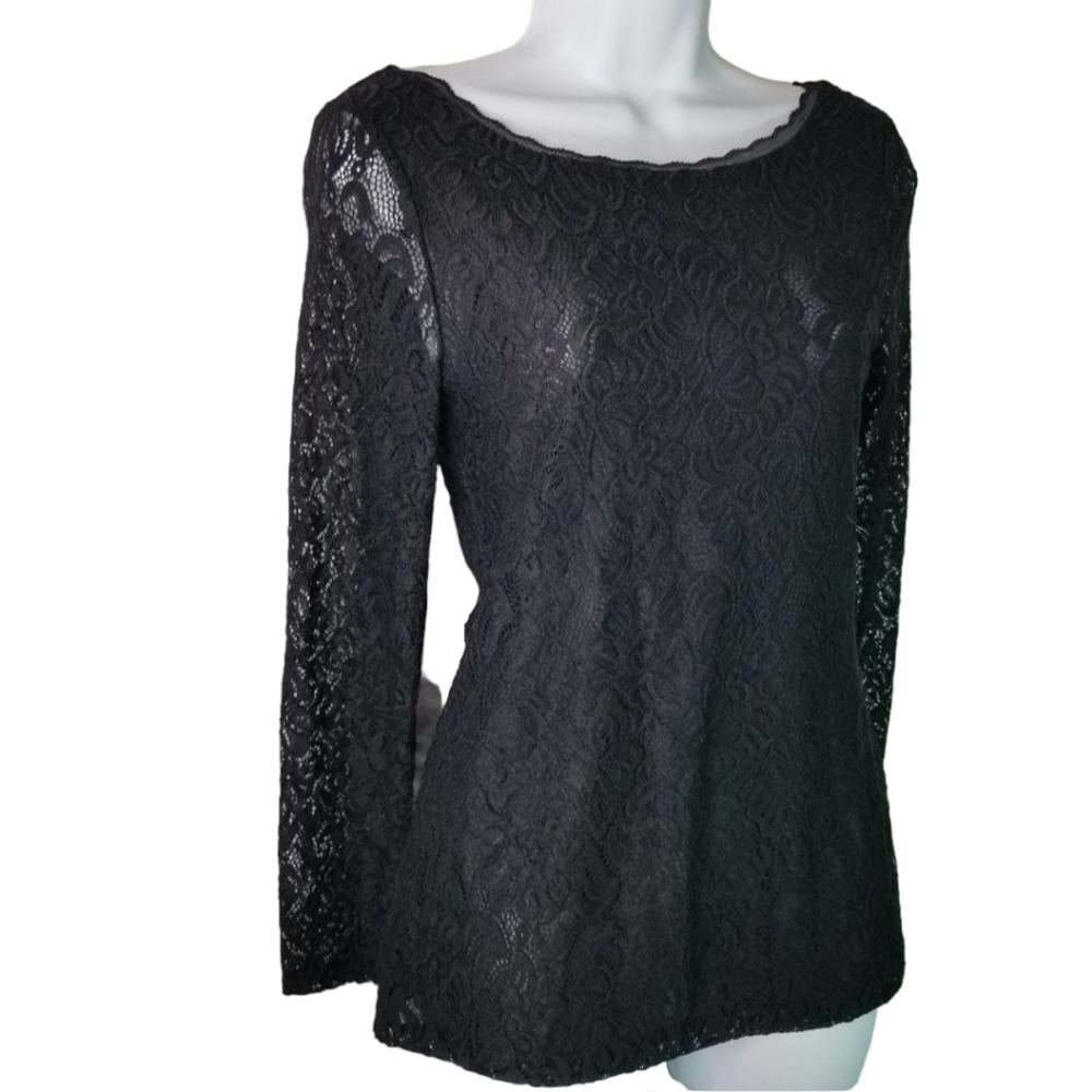 Whbm Black stretch allover lace long sleeve top
